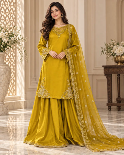 Premium Indian Silk Farshi Palazzo Suit – Mustard Gold