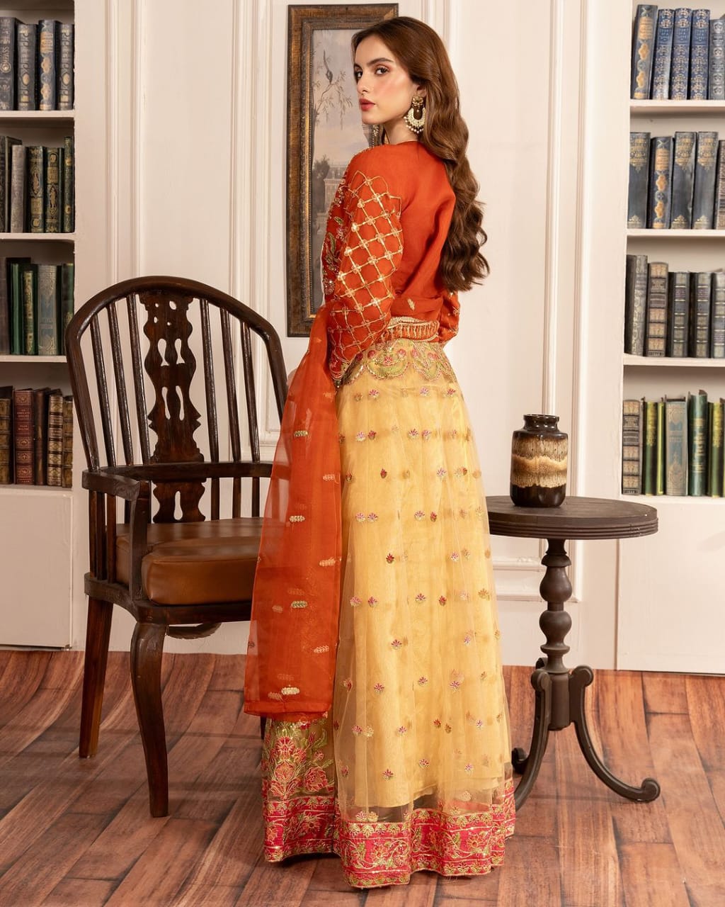Elegant Orange Embellished Lehenga Set