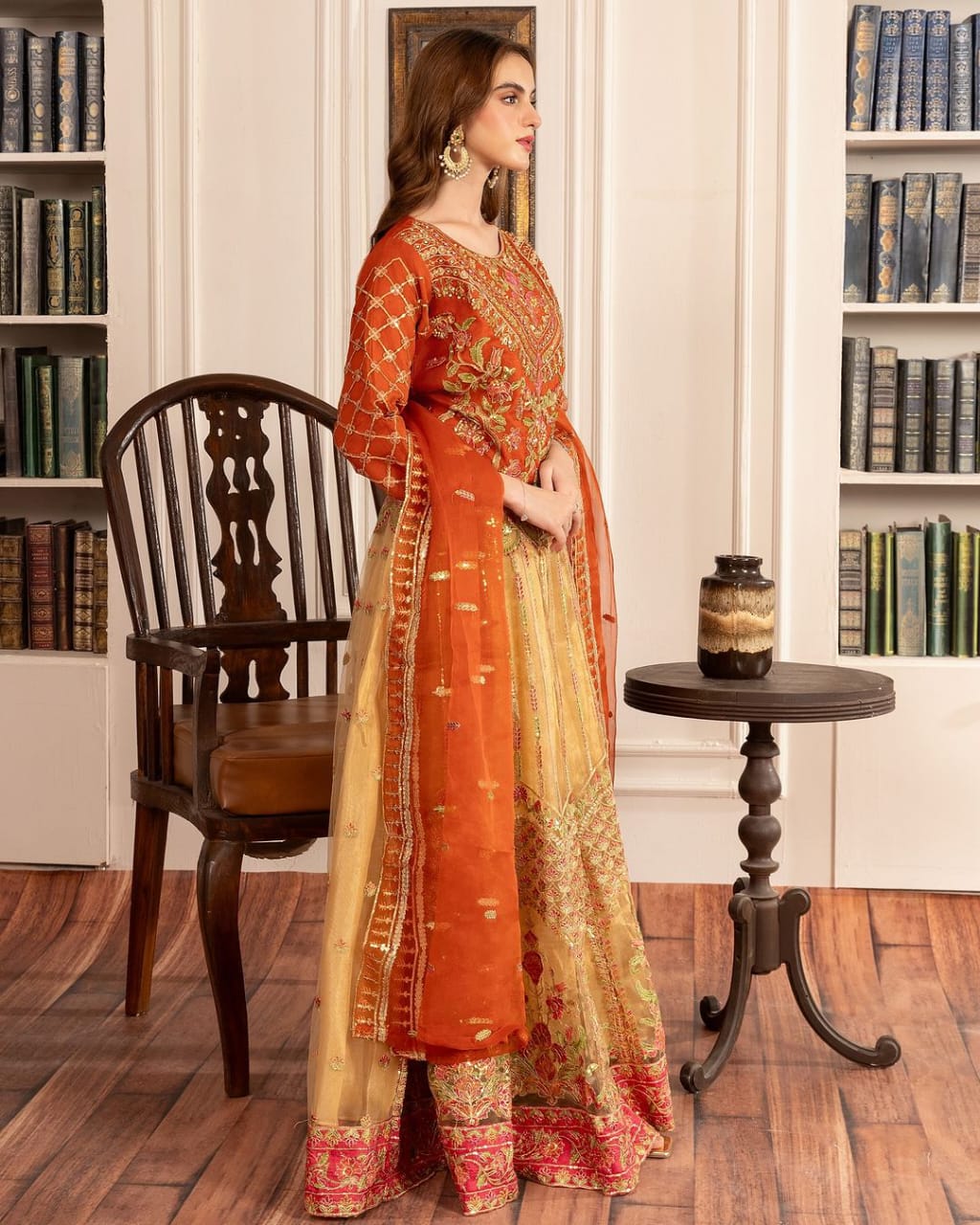 Elegant Orange Embellished Lehenga Set