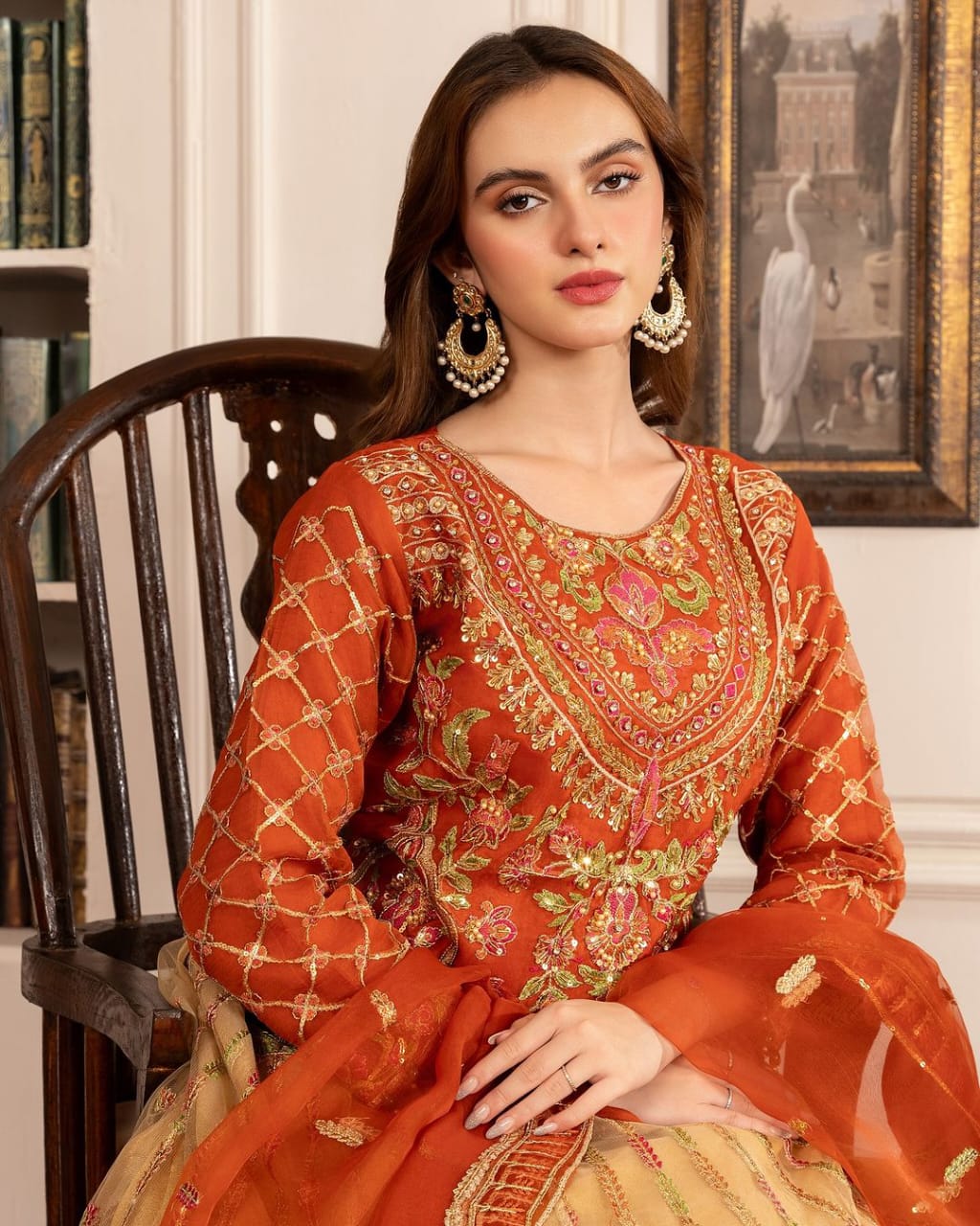 Elegant Orange Embellished Lehenga Set