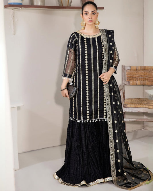 Black Pearl - 3pc Organza Sharara Set