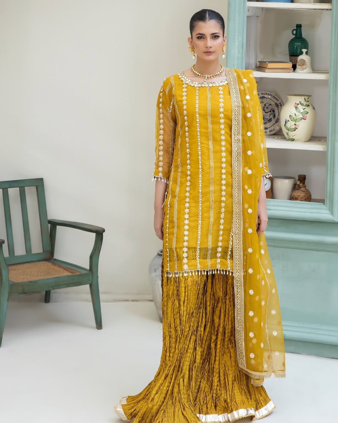 Mehndi Majestic 3-Piece Organza Sharara Set – Festive Wear