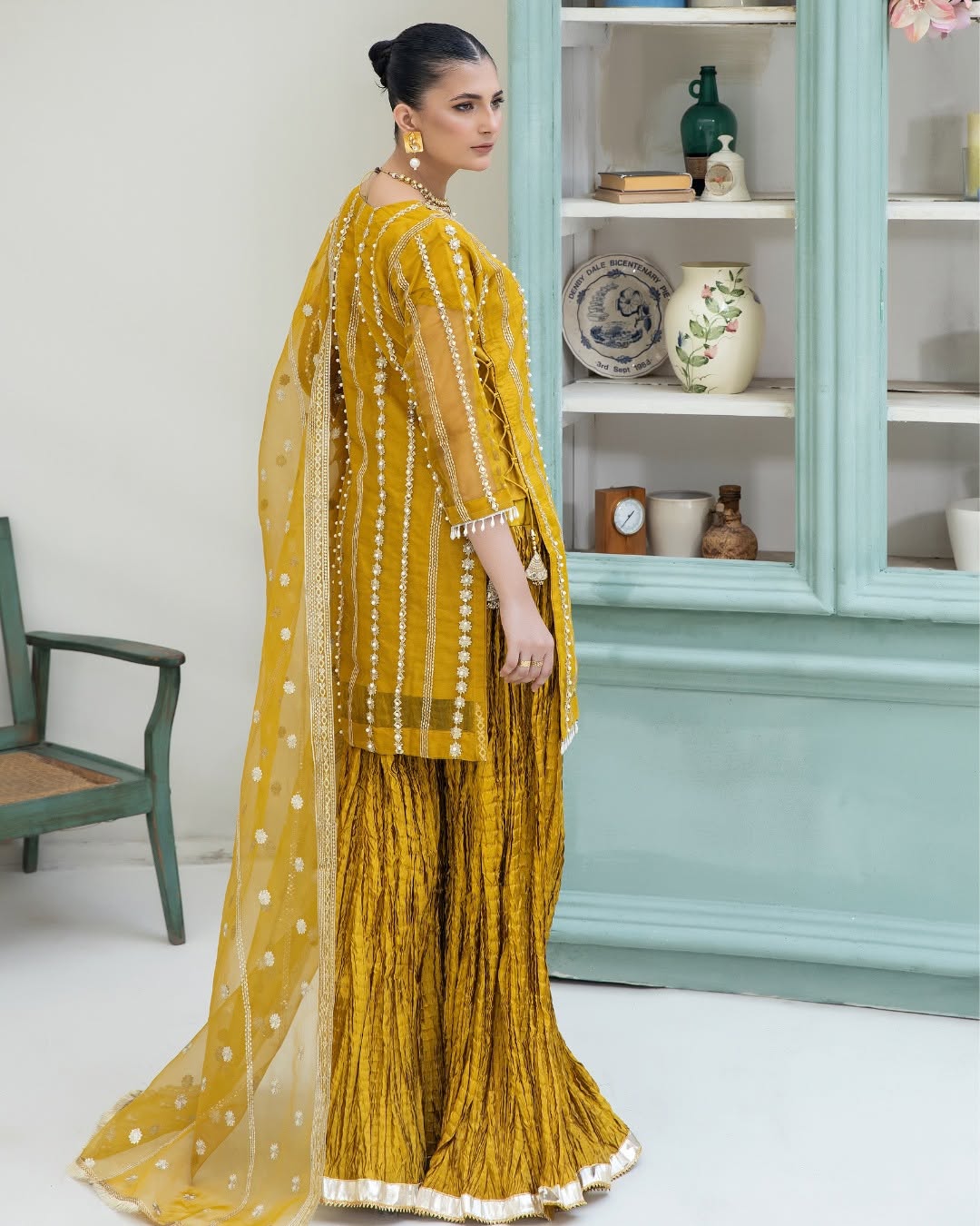 Mehndi Majestic 3-Piece Organza Sharara Set – Festive Wear