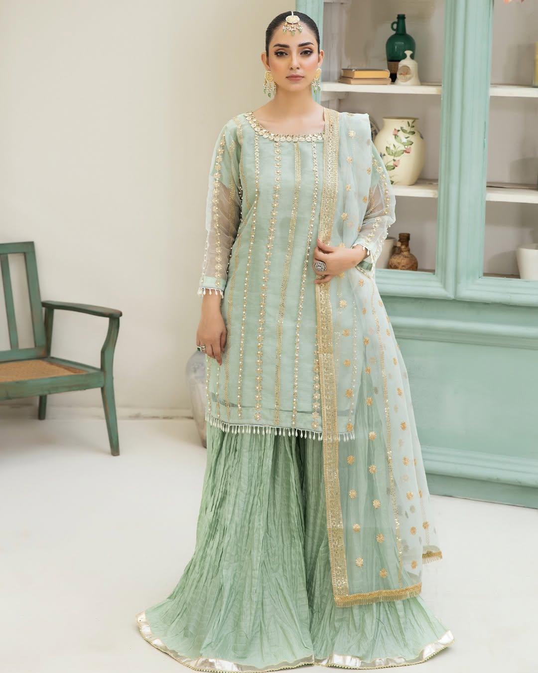 Mint Allure - 3pc Organza Sharara Set
