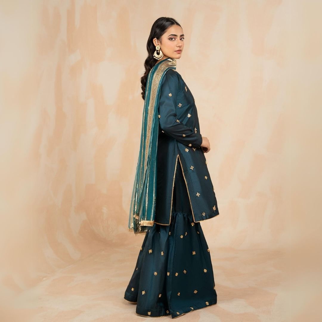 Dark Teal Zinc Festive Gharara – Intricate Adda Work (3-Piece Set)