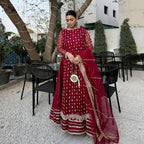 Maroon Embellished Organza Maxi Set – 4 Piece Stitched