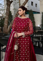 Maroon Embellished Organza Maxi Set – 4 Piece Stitched