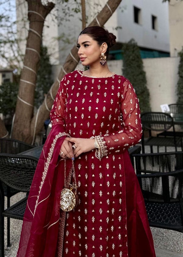 Maroon Embellished Organza Maxi Set – 4 Piece Stitched