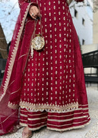 Maroon Embellished Organza Maxi Set – 4 Piece Stitched