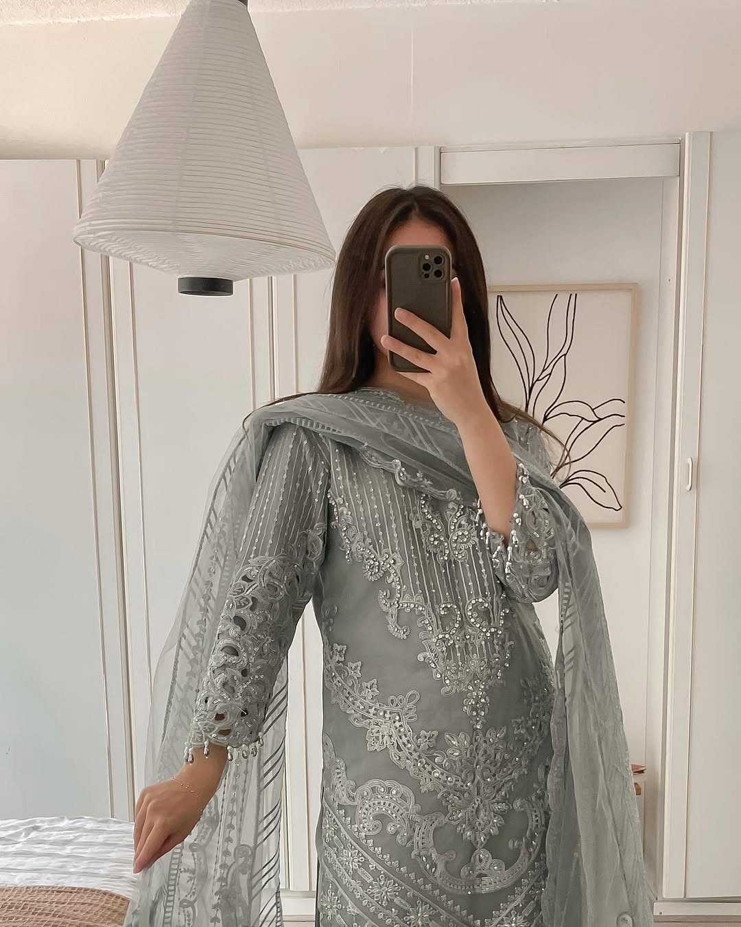 NUREH – Luxury Gray organza 3PC Kurta Set