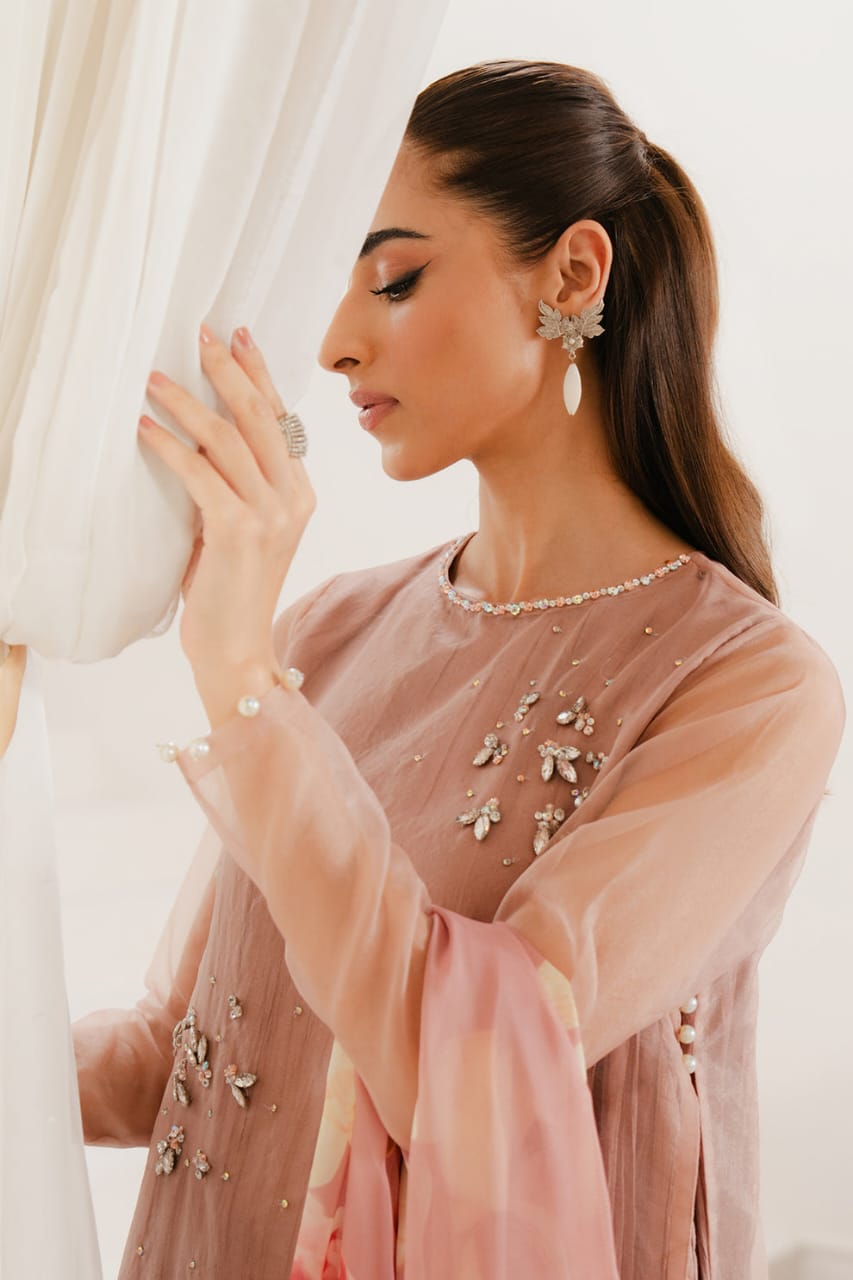 Luxury Crystal Embellished Organza Top with Crushed Frock