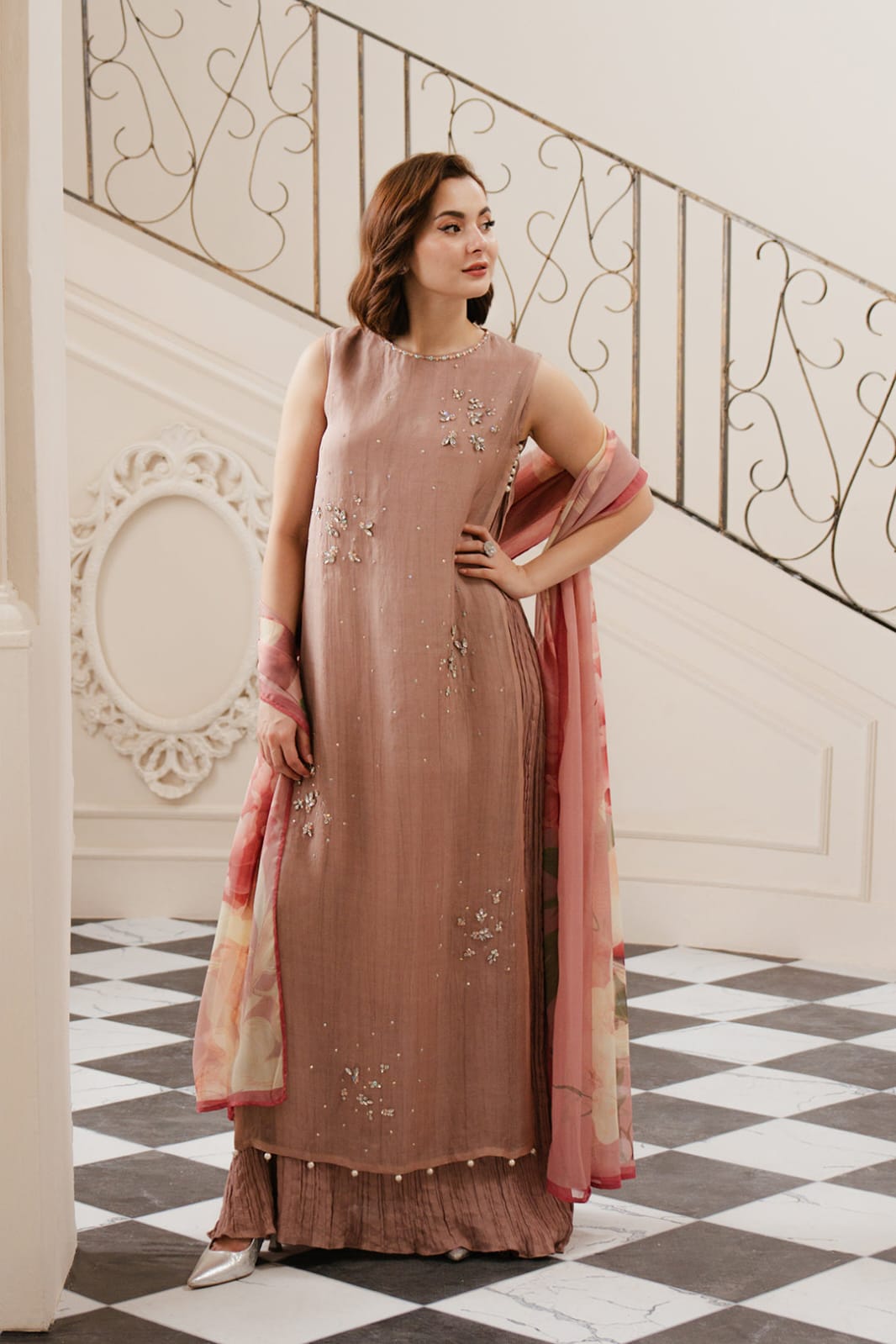 Luxury Crystal Embellished Organza Top with Crushed Frock