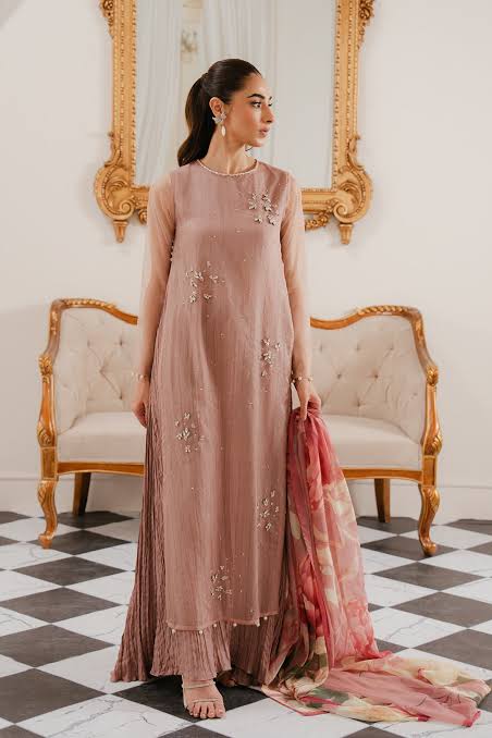 Luxury Crystal Embellished Organza Top with Crushed Frock