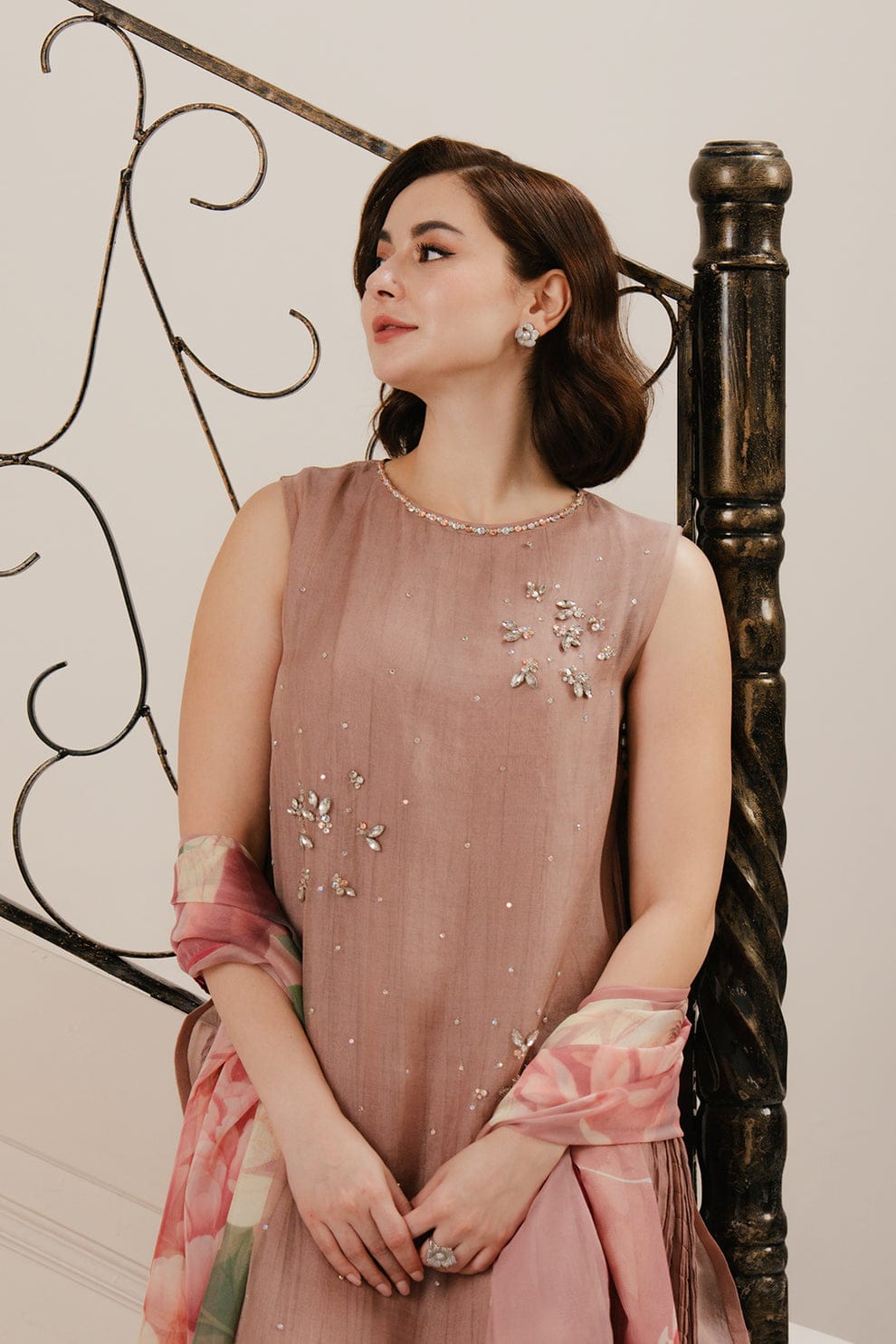 Luxury Crystal Embellished Organza Top with Crushed Frock