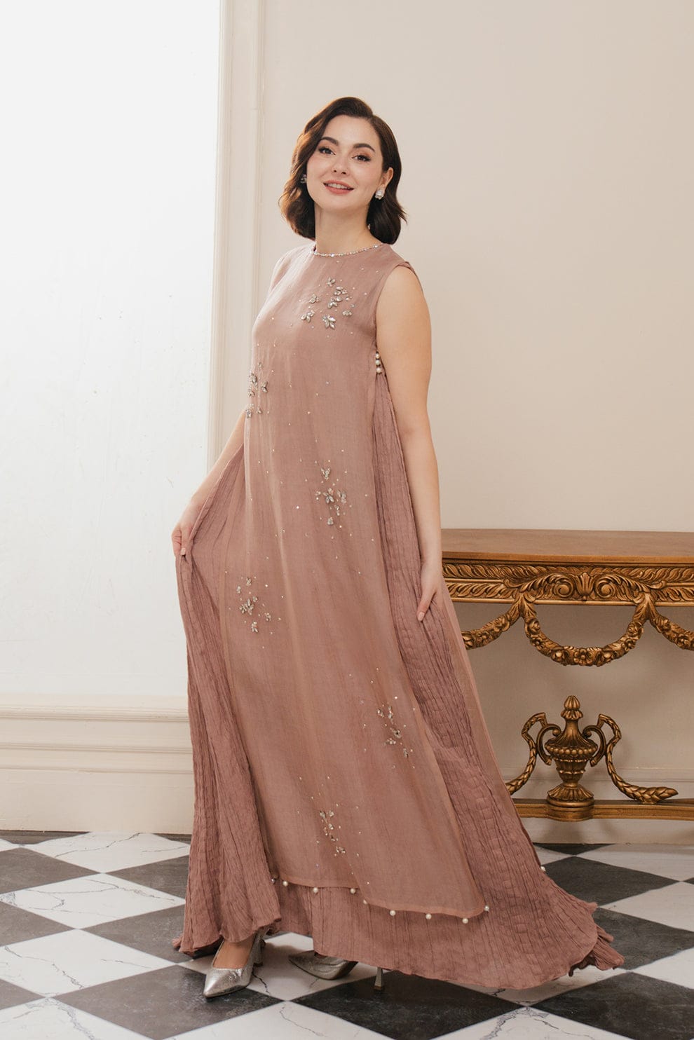 Luxury Crystal Embellished Organza Top with Crushed Frock