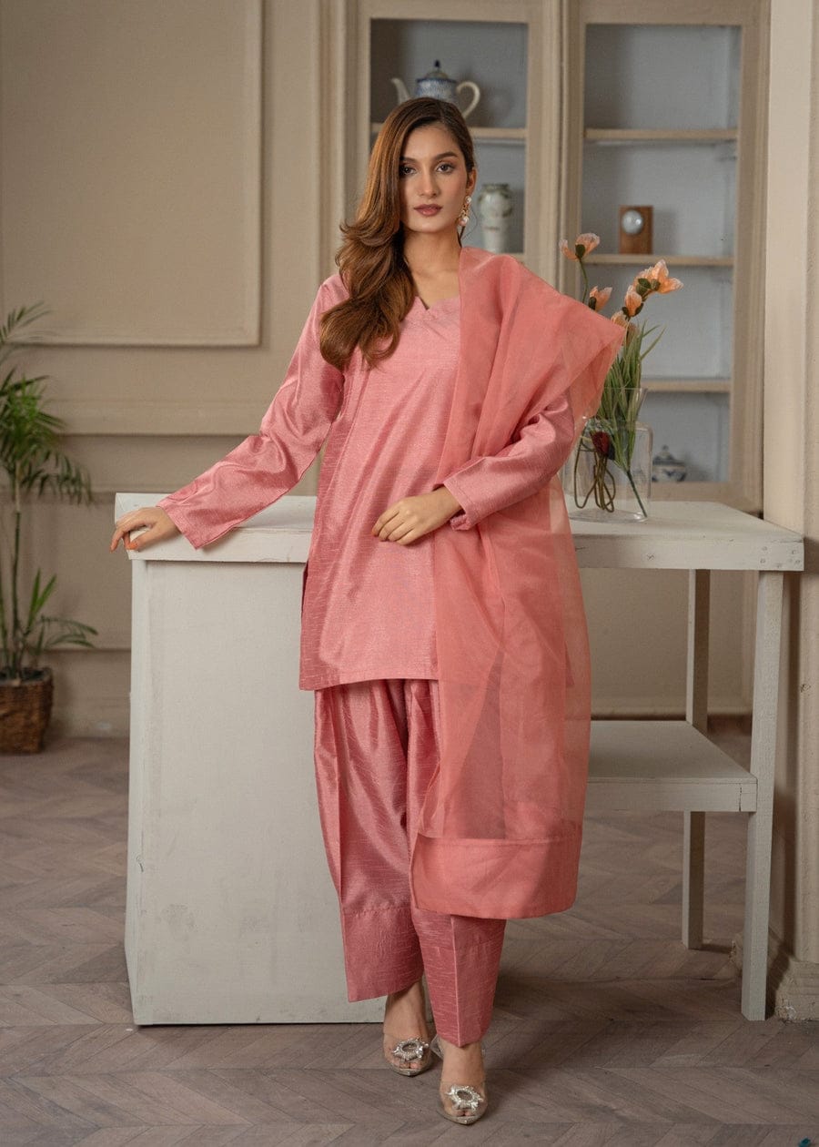 Raw Silk 3-Piece Kurta Set with Farshi Salwar & Organza Dupatta