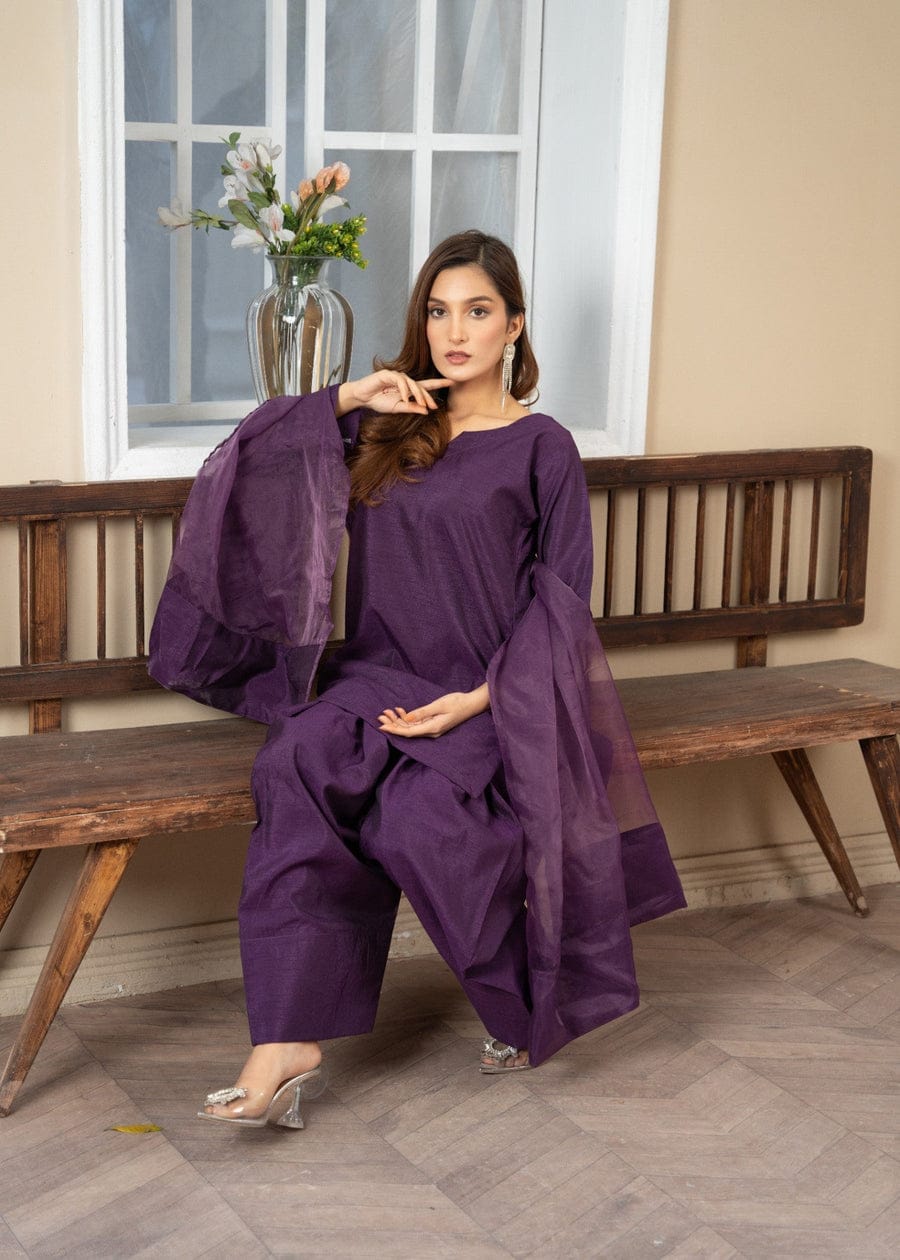 Raw Silk 3-Piece Kurta Set with Farshi Salwar & Organza Dupatta