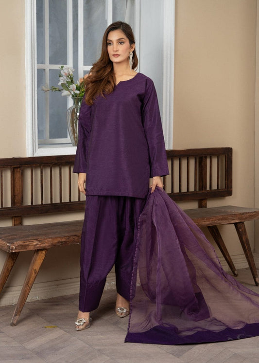 Raw Silk 3-Piece Kurta Set with Farshi Salwar & Organza Dupatta