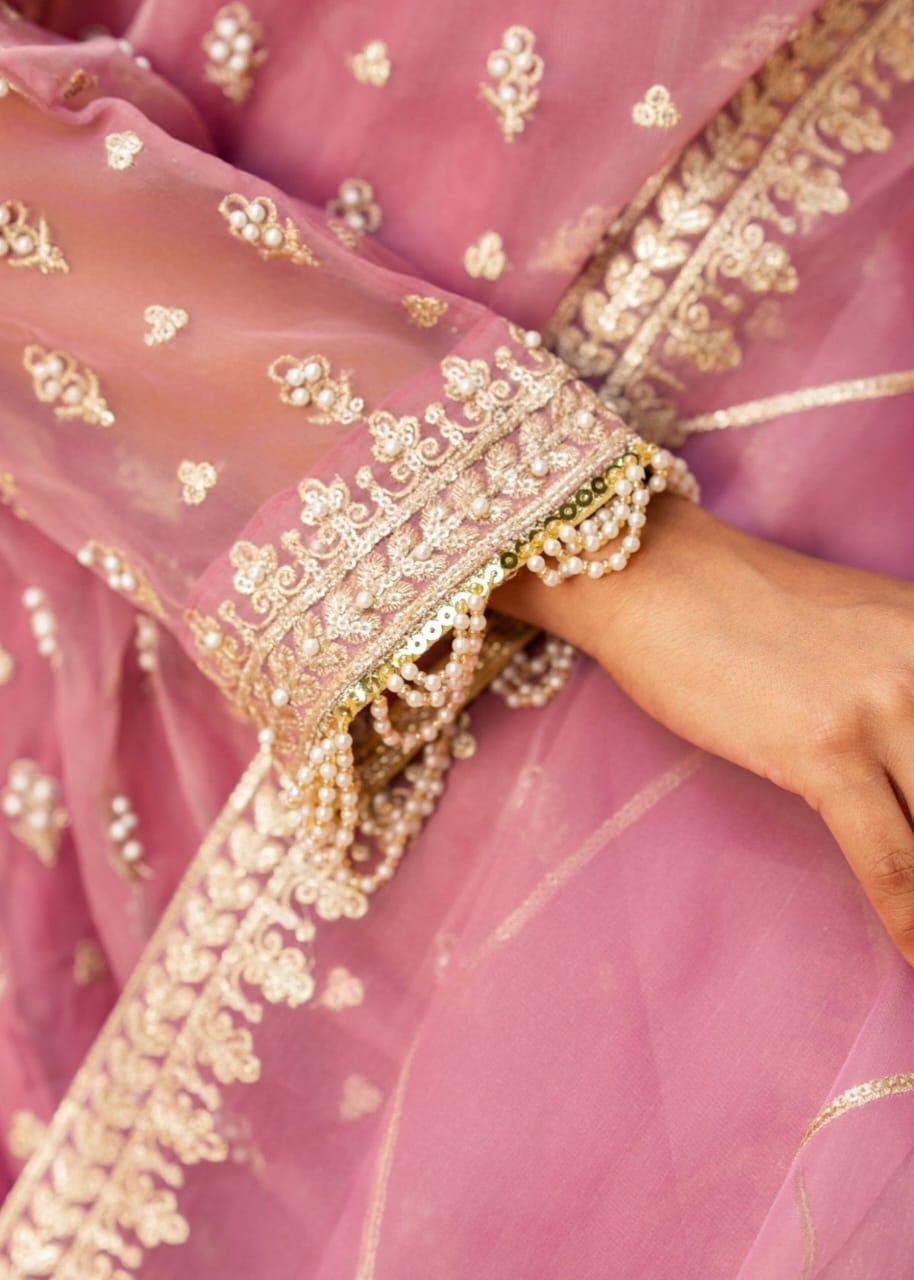 Pink Organza Sharara Set with Intricate Adda Work – 3 Piece Festive Wear