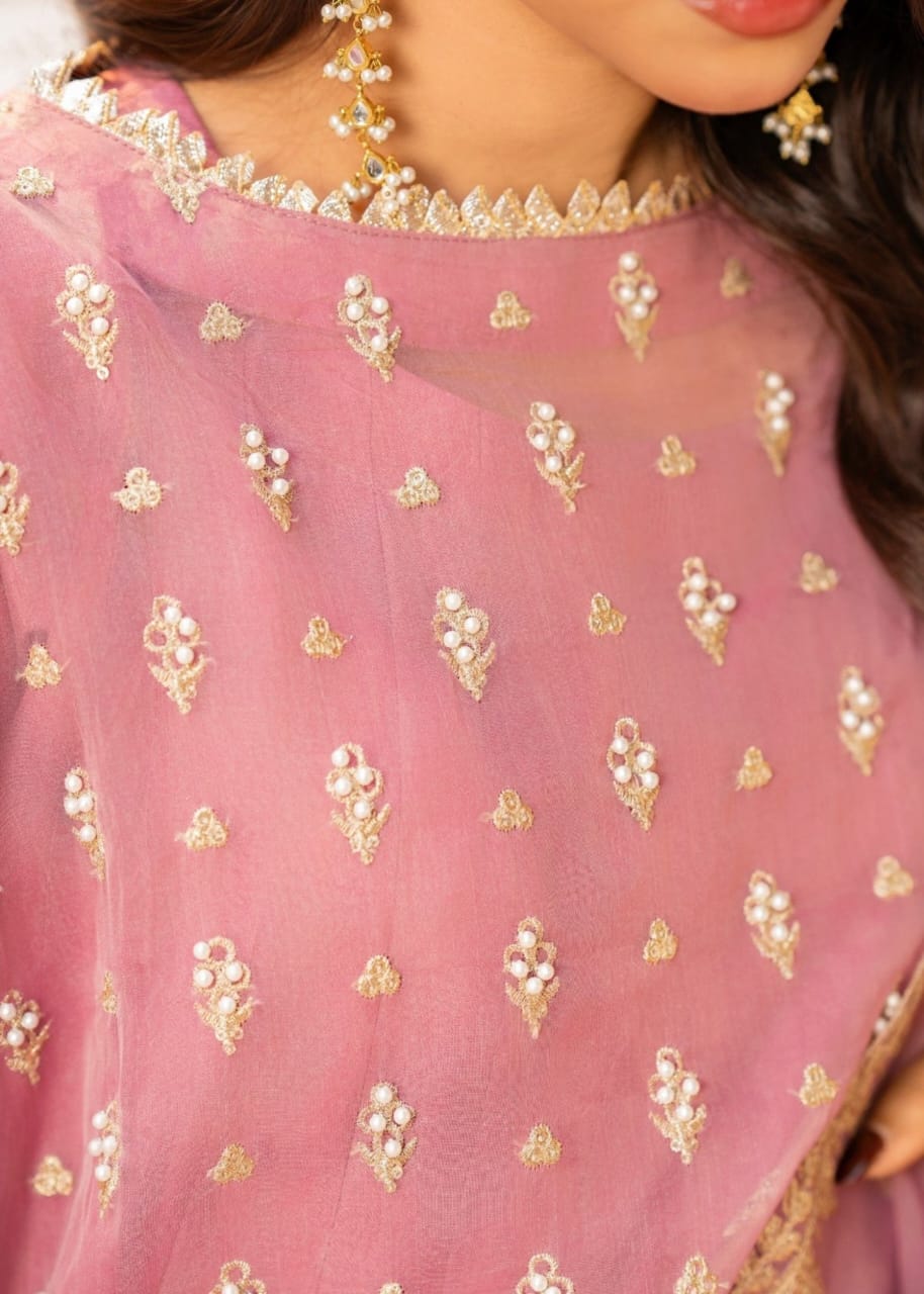Pink Organza Sharara Set with Intricate Adda Work – 3 Piece Festive Wear
