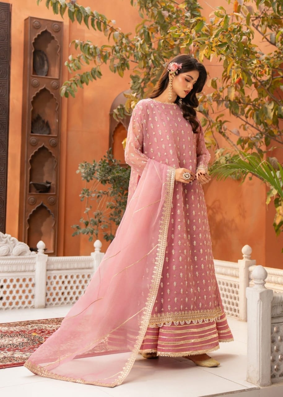 Pink Organza Sharara Set with Intricate Adda Work – 3 Piece Festive Wear