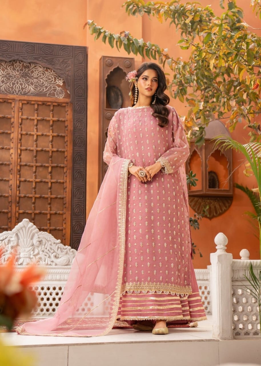 Pink Organza Sharara Set with Intricate Adda Work – 3 Piece Festive Wear