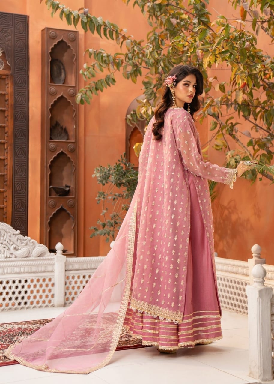 Pink Organza Sharara Set with Intricate Adda Work – 3 Piece Festive Wear