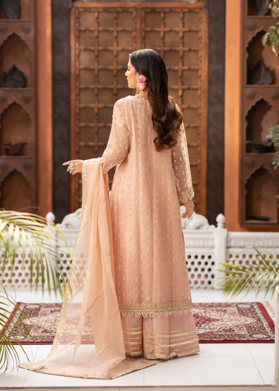 Peach Organza Sharara Set with Adda Work – 3 Piece Festive Ensemble
