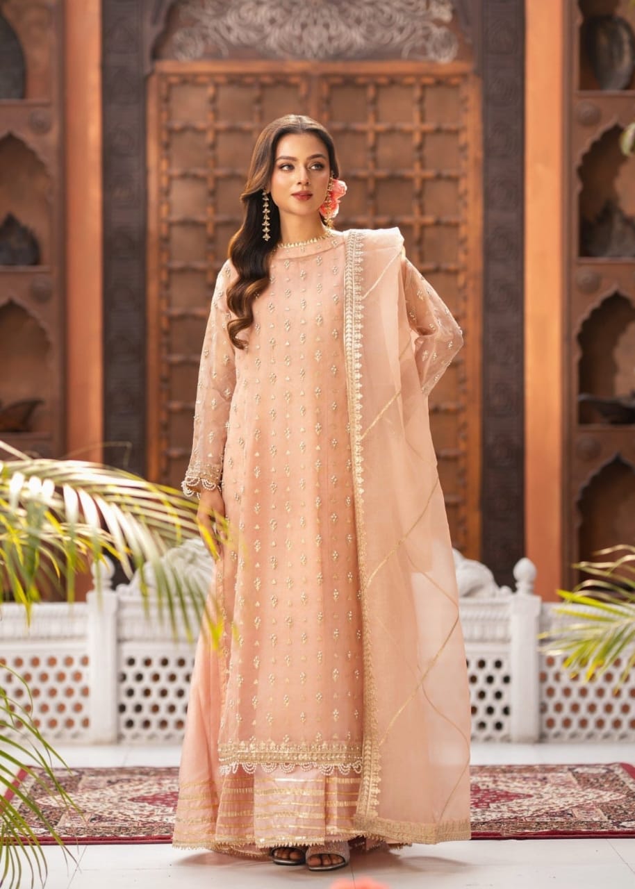 Peach Organza Sharara Set with Adda Work – 3 Piece Festive Ensemble