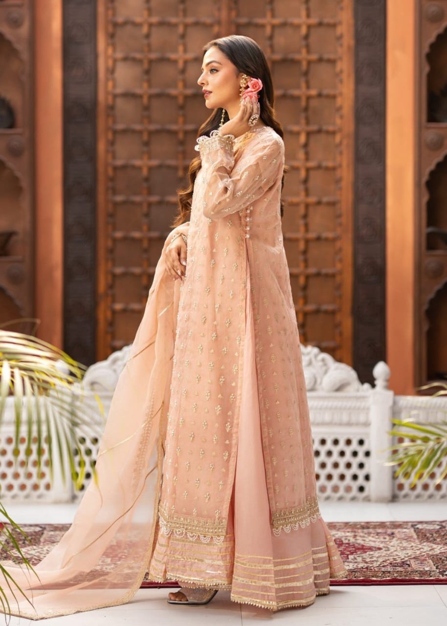 Peach Organza Sharara Set with Adda Work – 3 Piece Festive Ensemble
