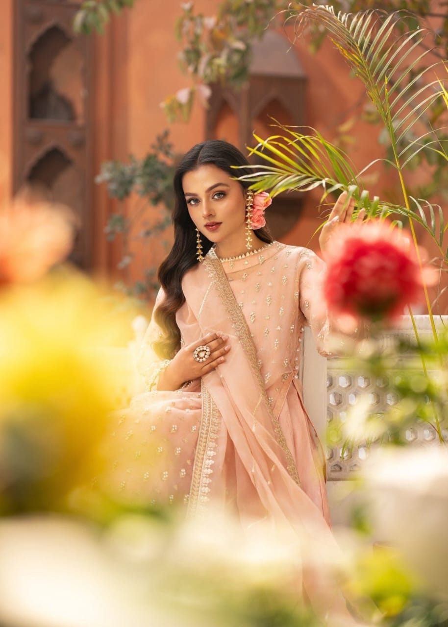 Peach Organza Sharara Set with Adda Work – 3 Piece Festive Ensemble