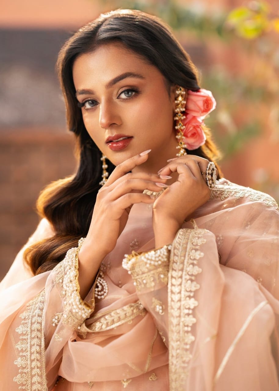 Peach Organza Sharara Set with Adda Work – 3 Piece Festive Ensemble