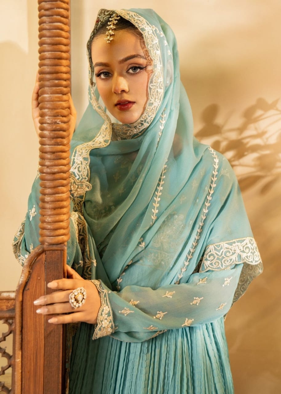 Ice Blue Chiffon frock with Adda Work – 3 Piece Festive Ensemble