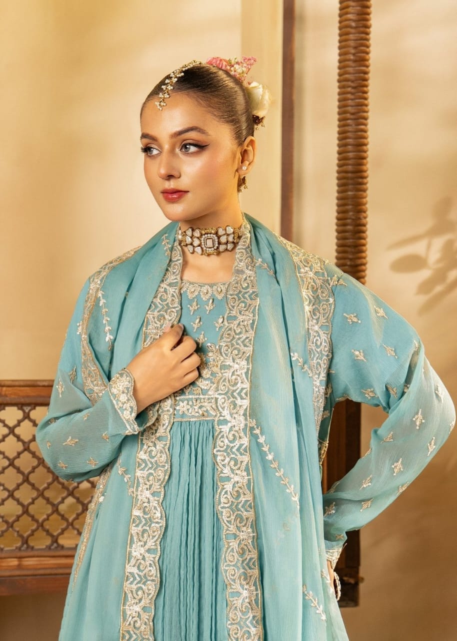 Ice Blue Chiffon frock with Adda Work – 3 Piece Festive Ensemble