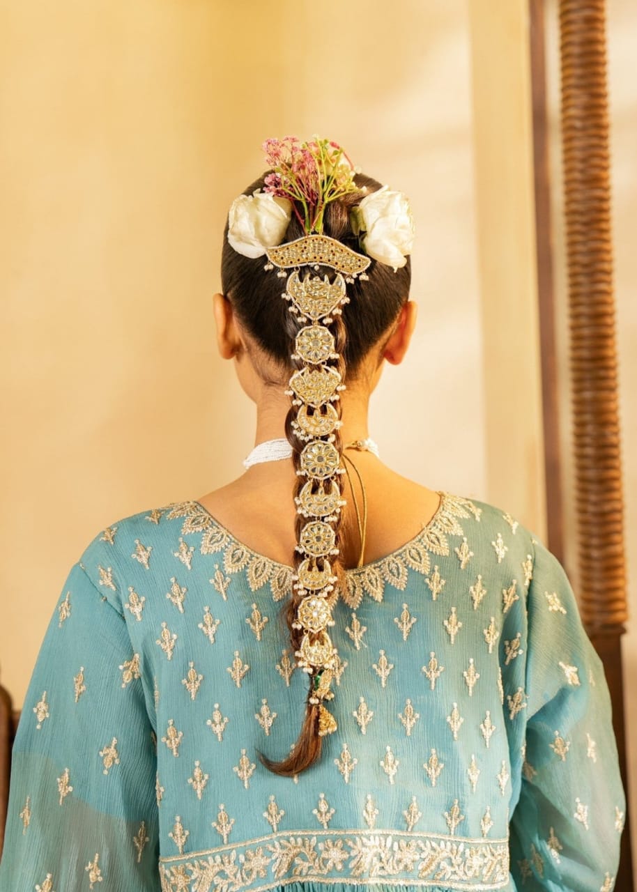 Ice Blue Chiffon frock with Adda Work – 3 Piece Festive Ensemble