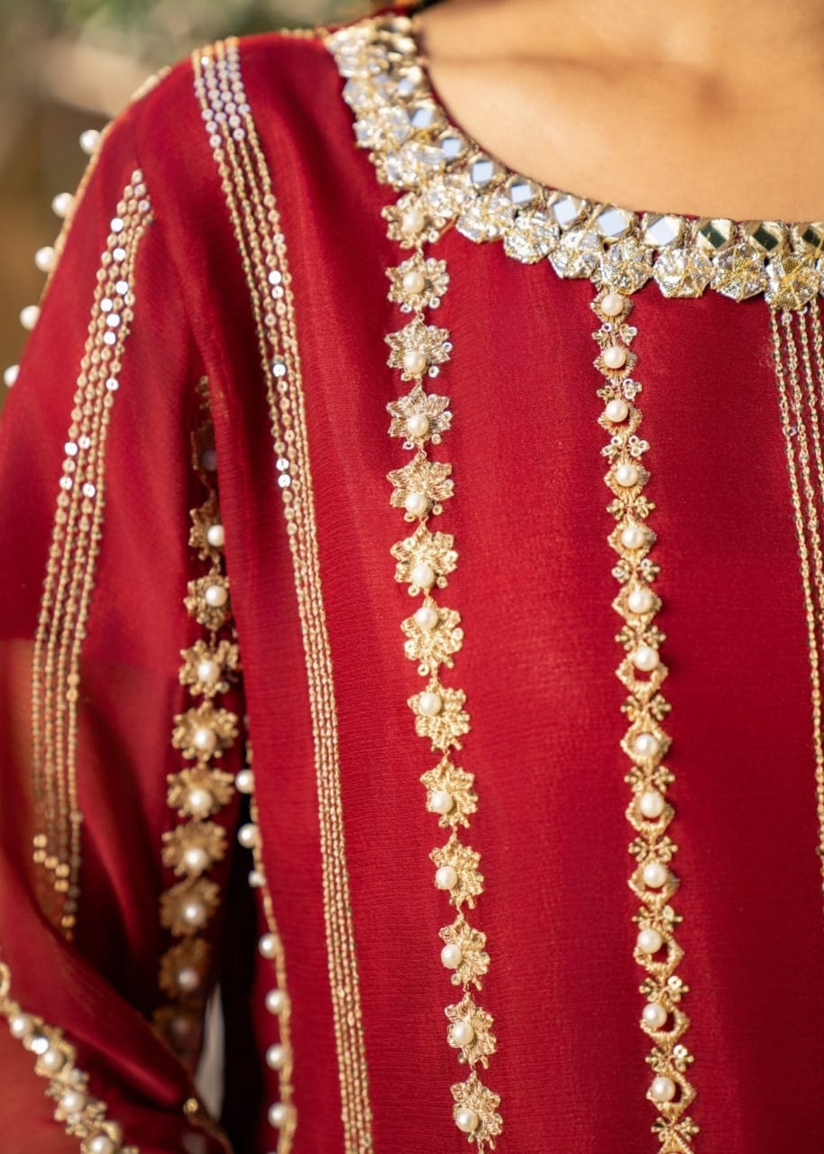 Maroon Organza Sharara Set – 3 Piece Festive Wear with Adda Work