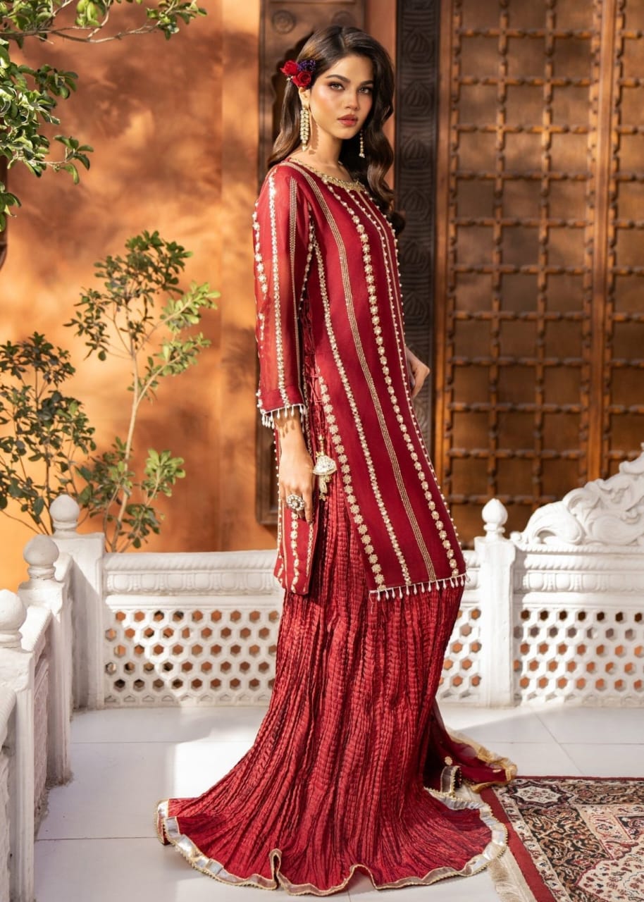 Maroon Organza Sharara Set – 3 Piece Festive Wear with Adda Work