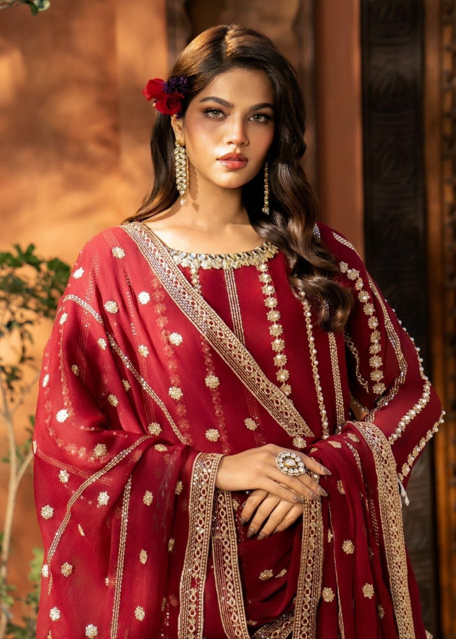 Maroon Organza Sharara Set – 3 Piece Festive Wear with Adda Work