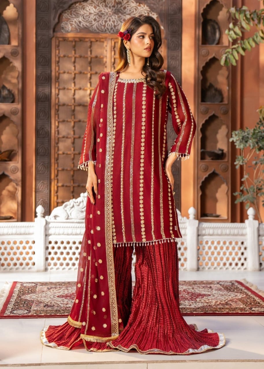 Maroon Organza Sharara Set – 3 Piece Festive Wear with Adda Work