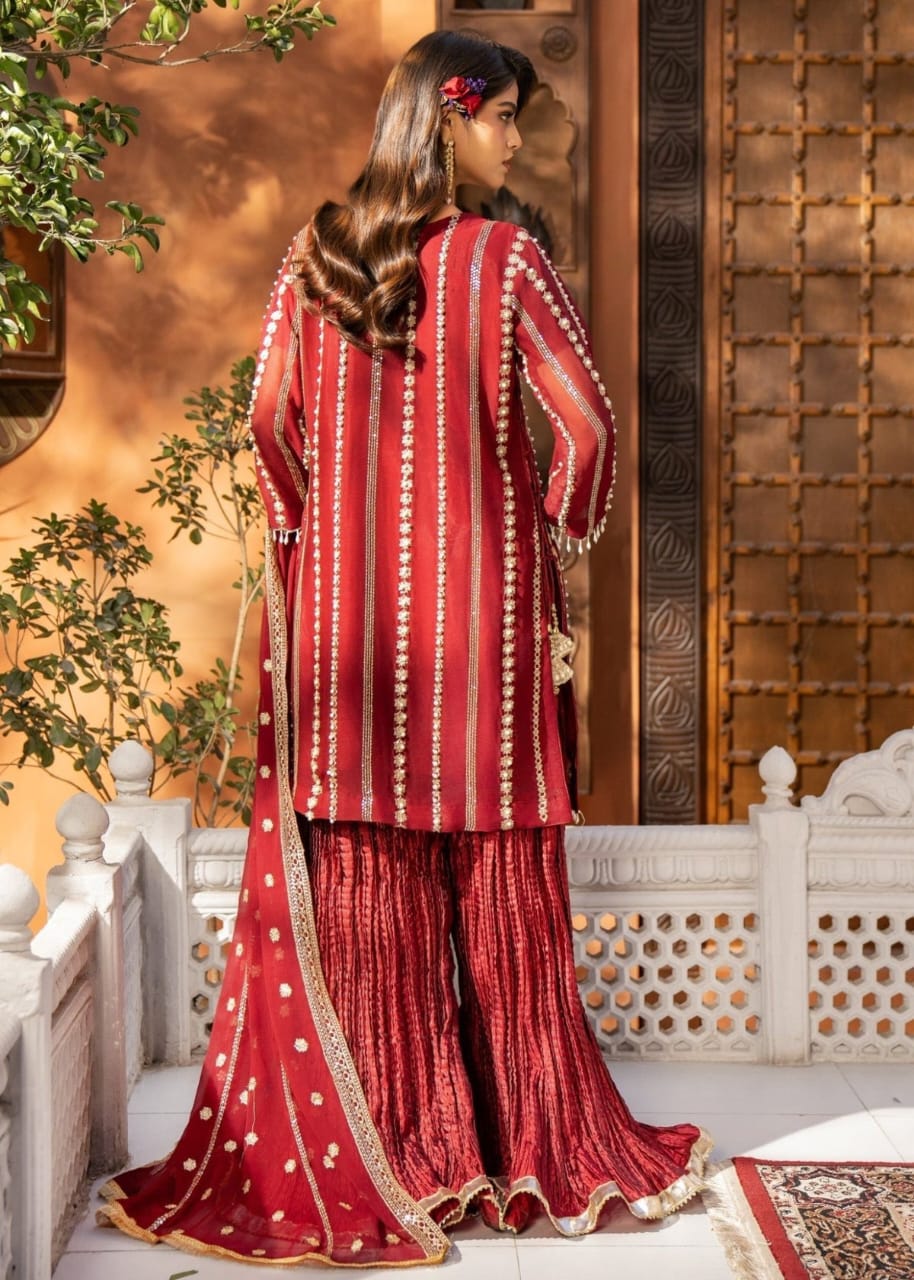 Maroon Organza Sharara Set – 3 Piece Festive Wear with Adda Work
