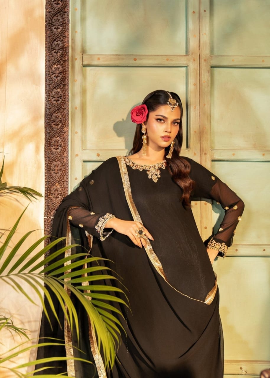 Black Chiffon Kurta Set – 3 Piece Festive Ensemble with Adda Work