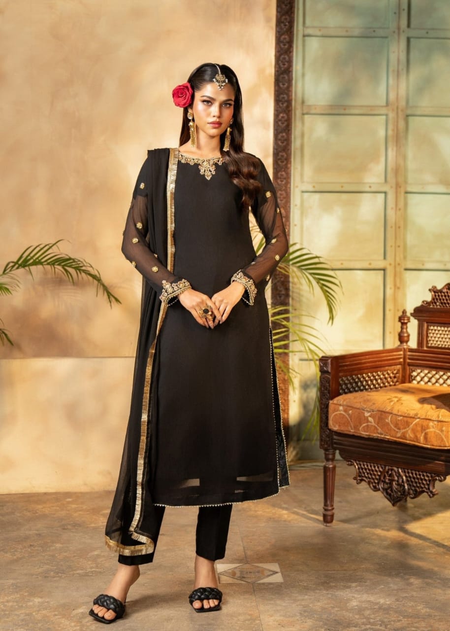 Black Chiffon Kurta Set – 3 Piece Festive Ensemble with Adda Work