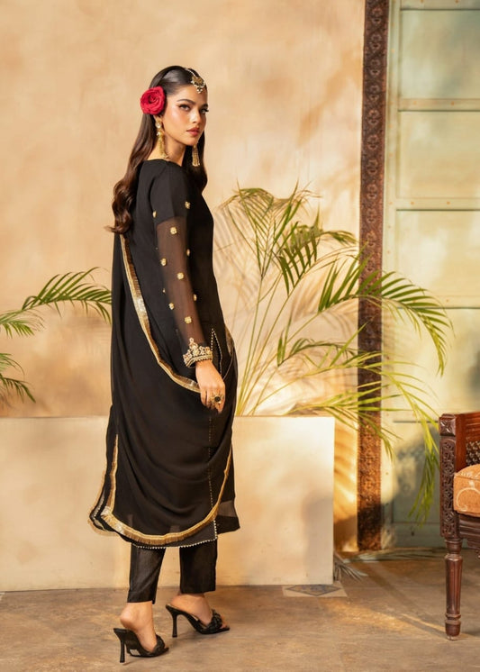 Black Chiffon Kurta Set – 3 Piece Festive Ensemble with Adda Work