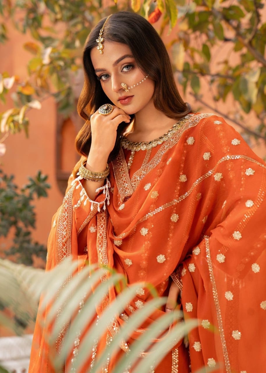 Orange Organza Sharara Set – 3 Piece Festive Wear with Adda Work