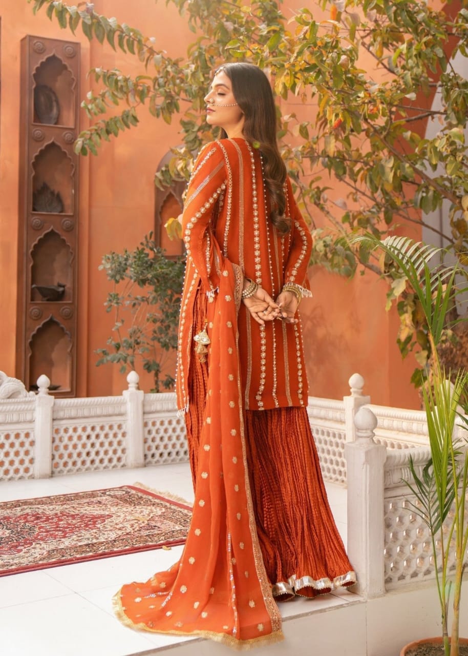 Orange Organza Sharara Set – 3 Piece Festive Wear with Adda Work