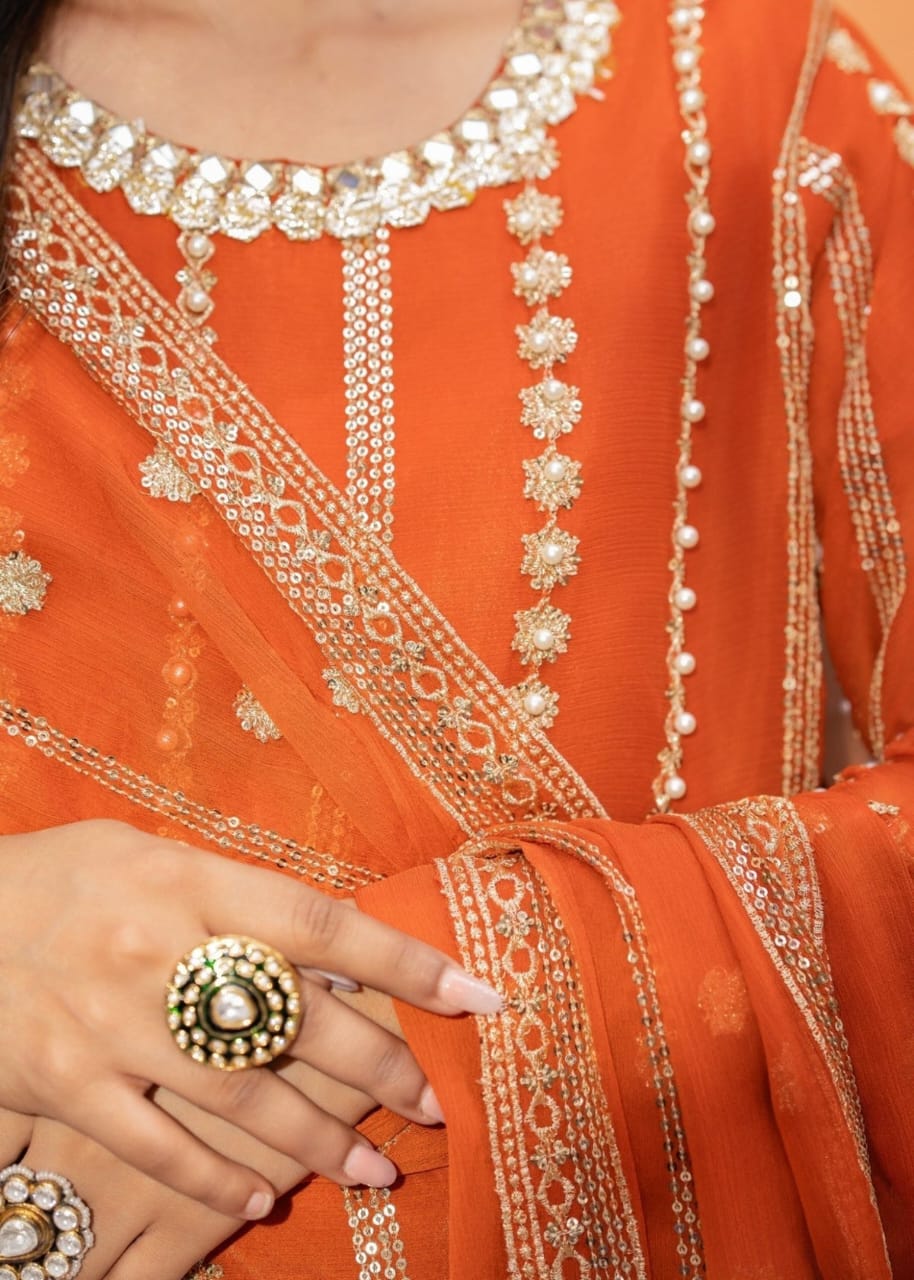 Orange Organza Sharara Set – 3 Piece Festive Wear with Adda Work