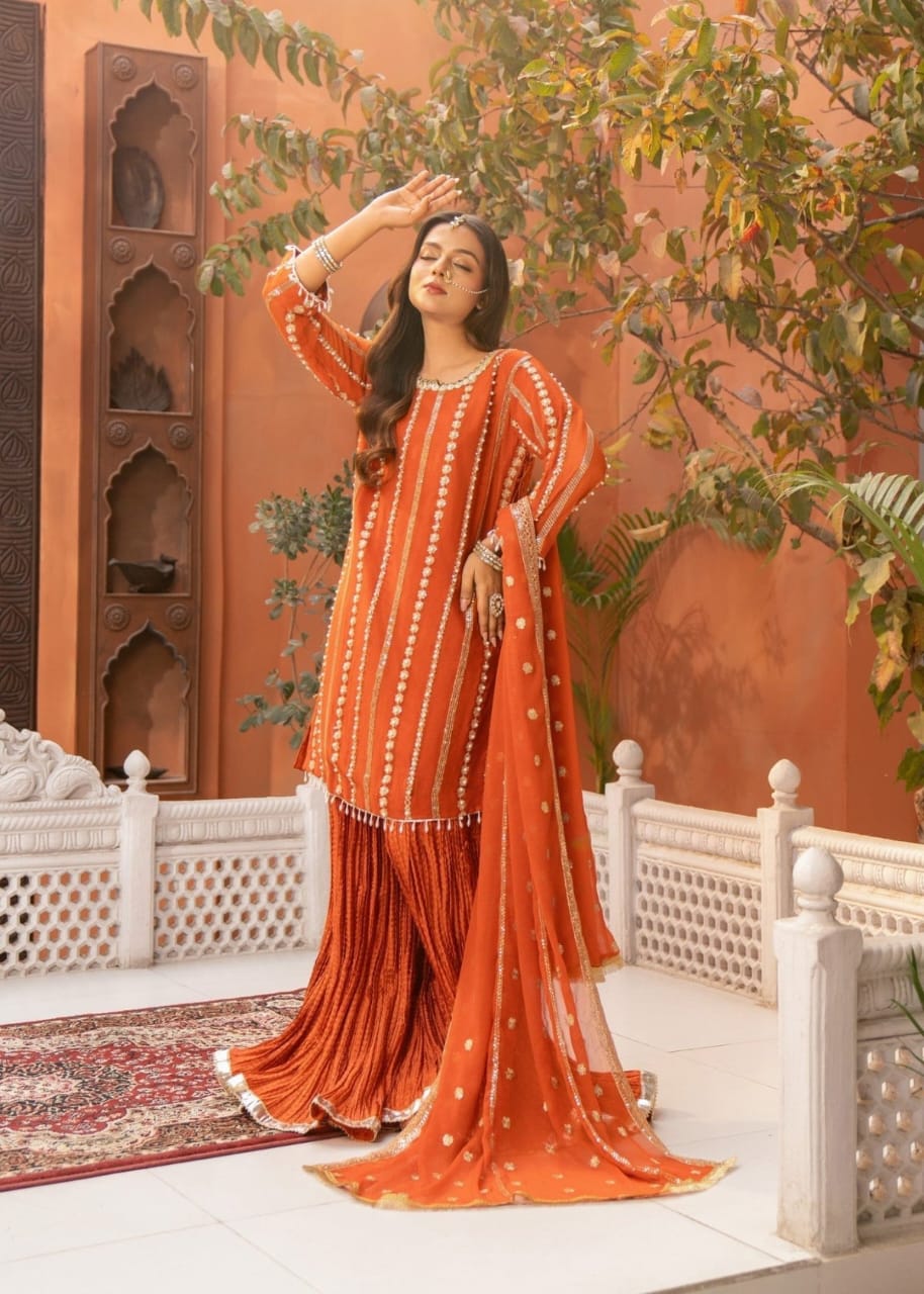 Orange Organza Sharara Set – 3 Piece Festive Wear with Adda Work