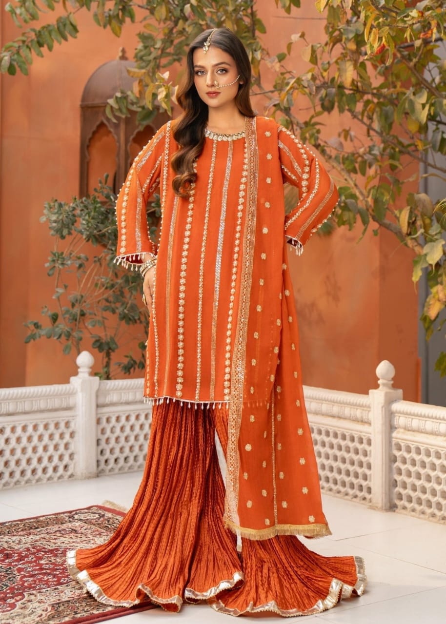Orange Organza Sharara Set – 3 Piece Festive Wear with Adda Work
