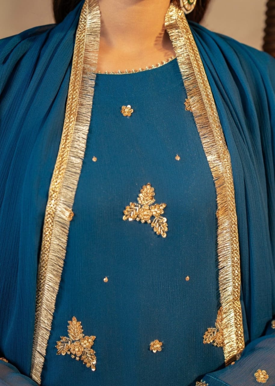 Premium Handcrafted Chiffon Suit with Plazo – Sheer Elegance