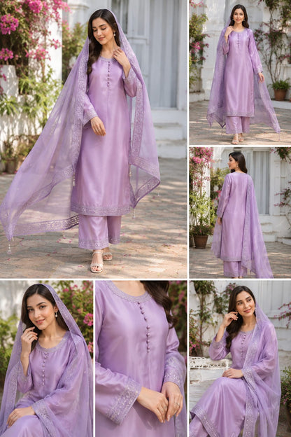 Lavender Sheesha Silk Embroidered 3-Piece Party Wear Suit